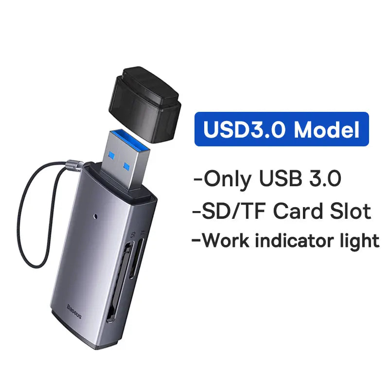 Baseus Leitor de Cartões USB-C & USB 3.0 – Compatível com SD, MicroSD e TF até 2TB