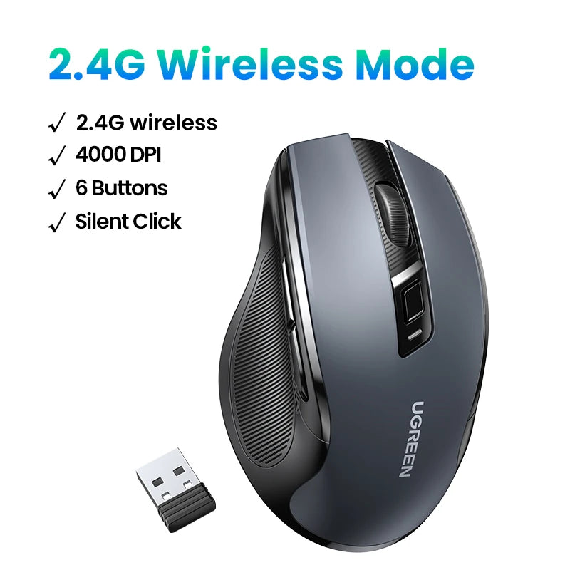 Mouse Ergonômico UGREEN MU006 – 6 Botões, Dual Mode (2.4G + Bluetooth), 4000 DPI e Cliques Silenciosos