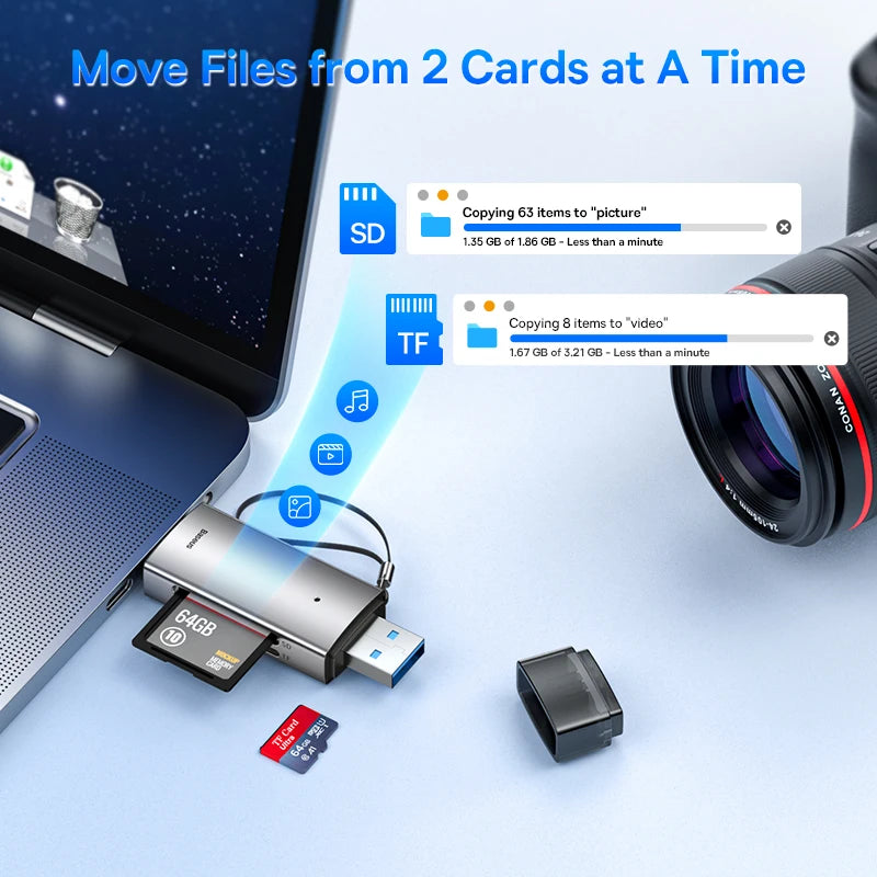 Baseus Leitor de Cartões USB-C & USB 3.0 – Compatível com SD, MicroSD e TF até 2TB