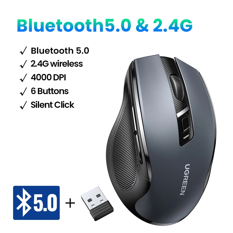 Mouse Ergonômico UGREEN MU006 – 6 Botões, Dual Mode (2.4G + Bluetooth), 4000 DPI e Cliques Silenciosos